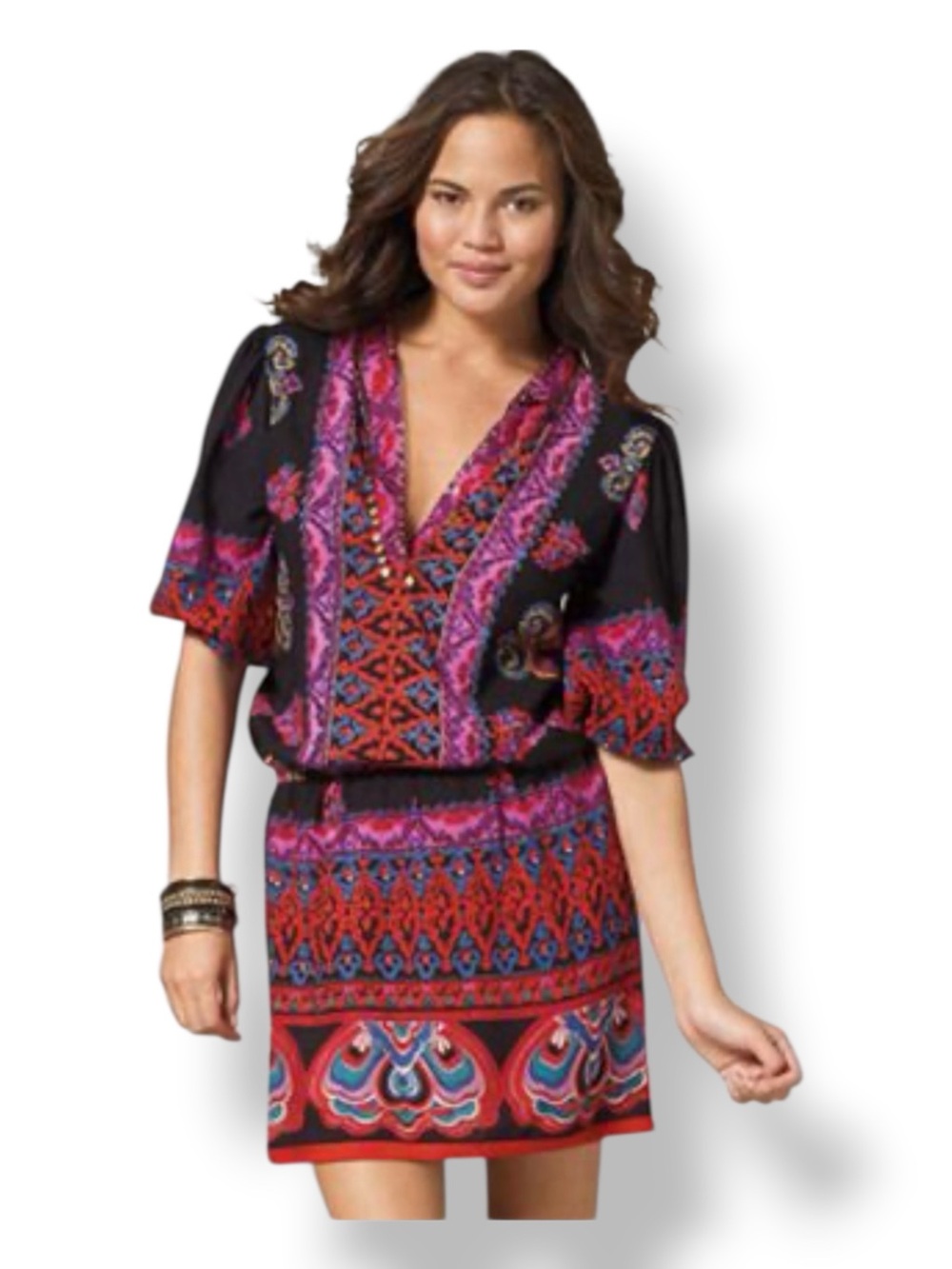 Angie Women’s Women’s Short Blouson Sleeve V-Neck Mini Dress Black/Purple M